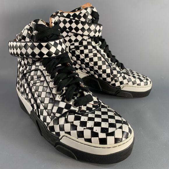GIVENCHY Size 11 Black White Checkered Leather High Top Sneakers - Picture 1 of 8
